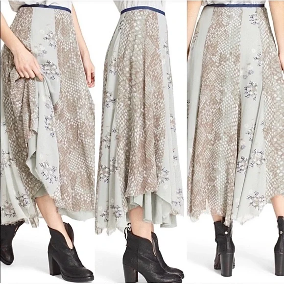 FREE PEOPLE Rock On Snake Floral Print Mixed Media Handkerchief Hem Maxi Skirt 4 - Picture 12 of 12